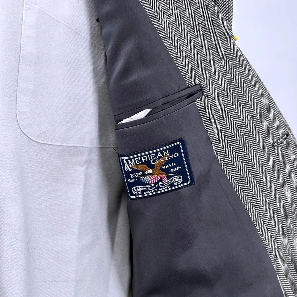 Mens Classic Herringbone Wool Blazer 40R Grey‎ Sport Coat American Living